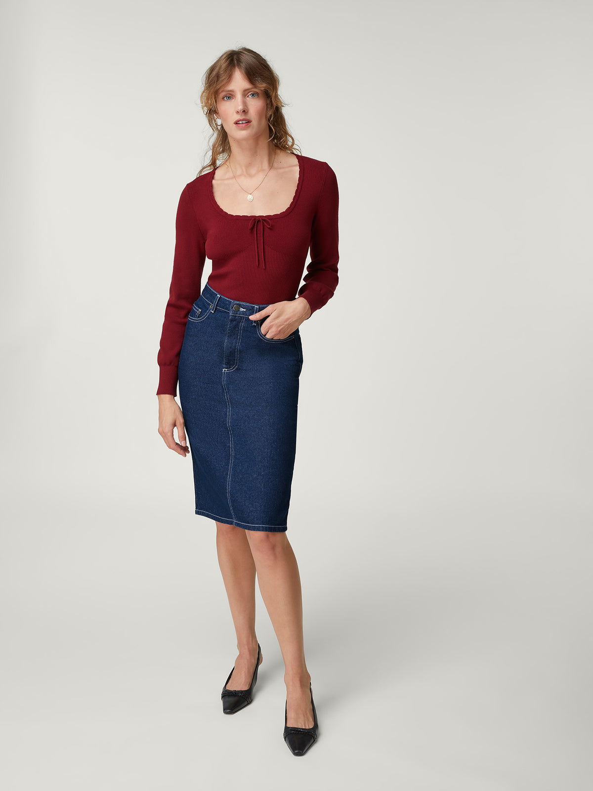 Jupe taille haute en denim indigo rinse Rouje