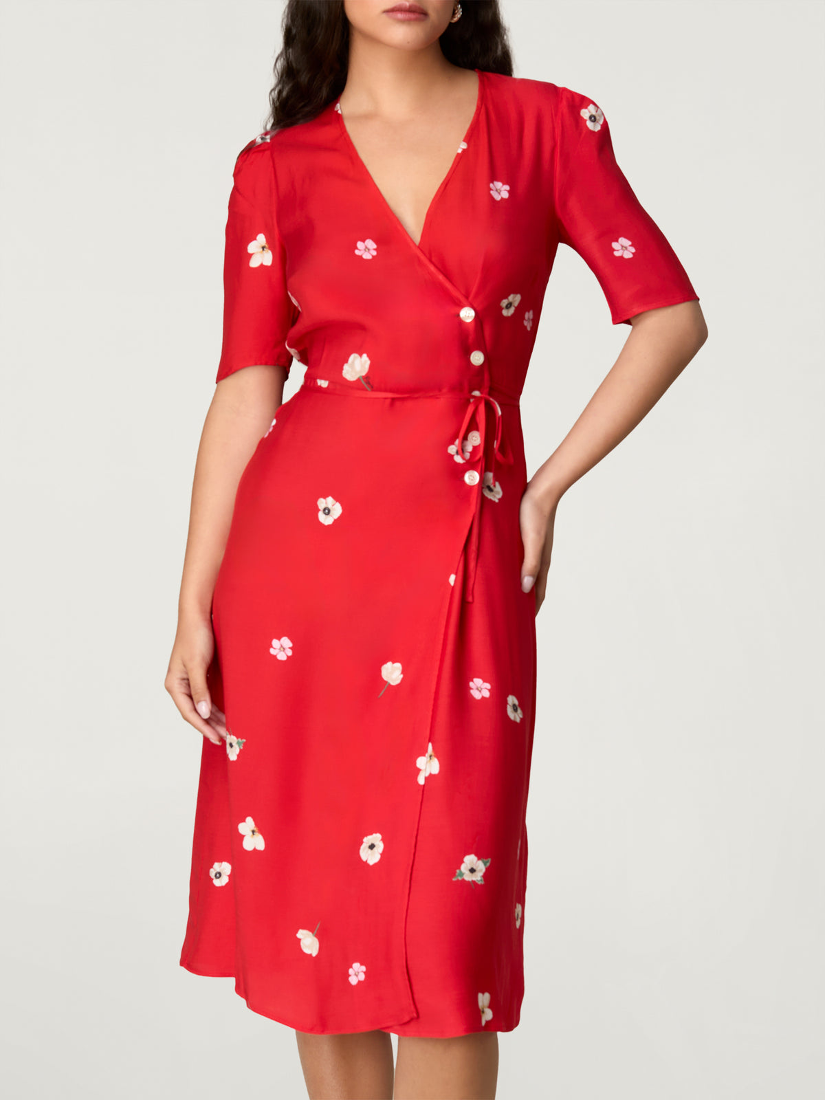 Robe portefeuille mi longue florale rouge Rouje