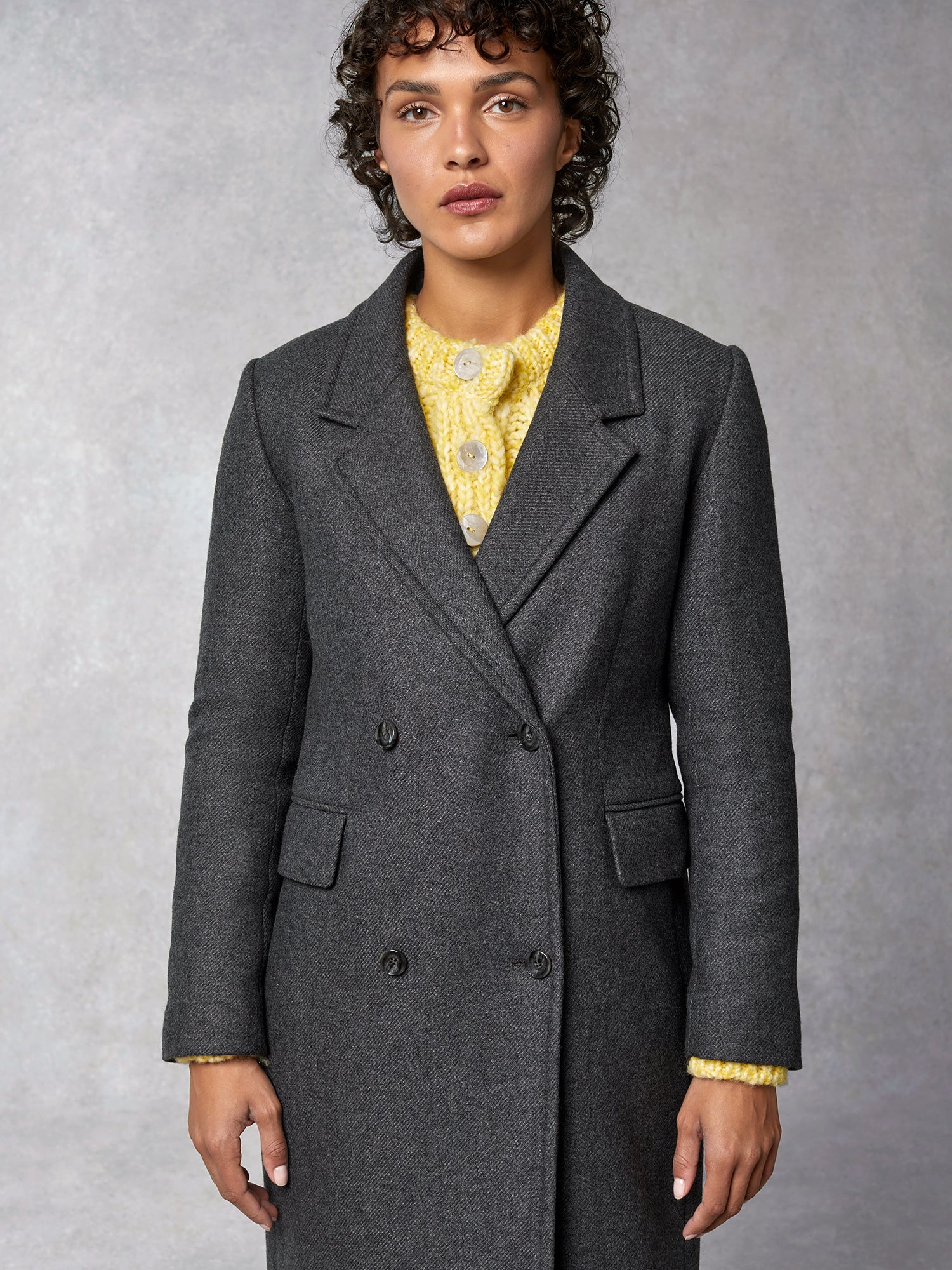 Long double-breasted coat in anthracite mottled wool | Rouje